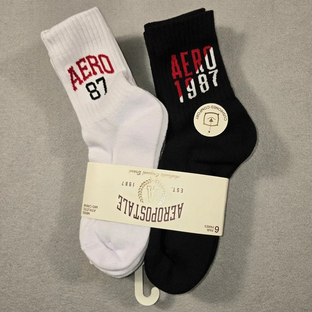 NWT 6-Pack Aeropostale Mens 6-12 Black White Crew Socks Athletic Aero 87 Graphic
